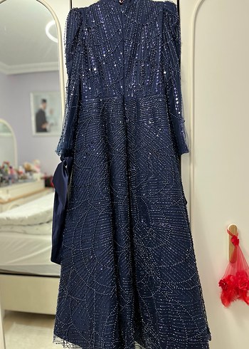 Boncuk İşlemeli Lacivert Uzun Abiye Elbise Nişanlık - Görsel 5