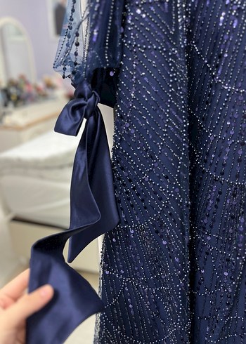 Boncuk İşlemeli Lacivert Uzun Abiye Elbise Nişanlık - Görsel 3