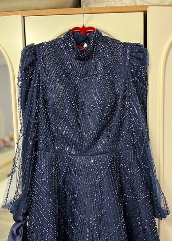 Boncuk İşlemeli Lacivert Uzun Abiye Elbise Nişanlık - Görsel 4