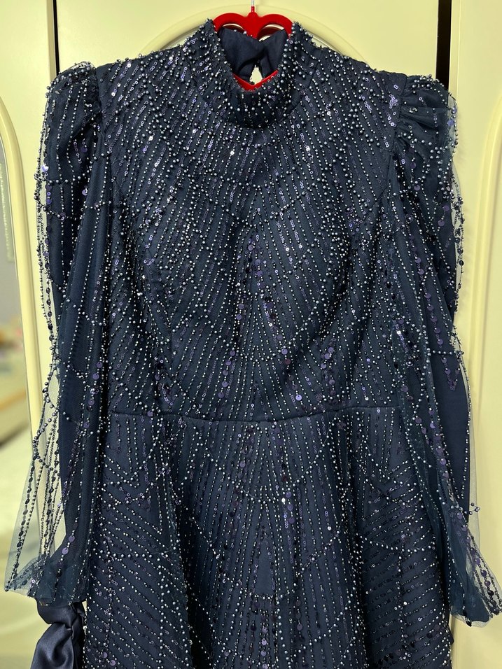 Boncuk İşlemeli Lacivert Uzun Abiye Elbise Nişanlık - Görsel 2