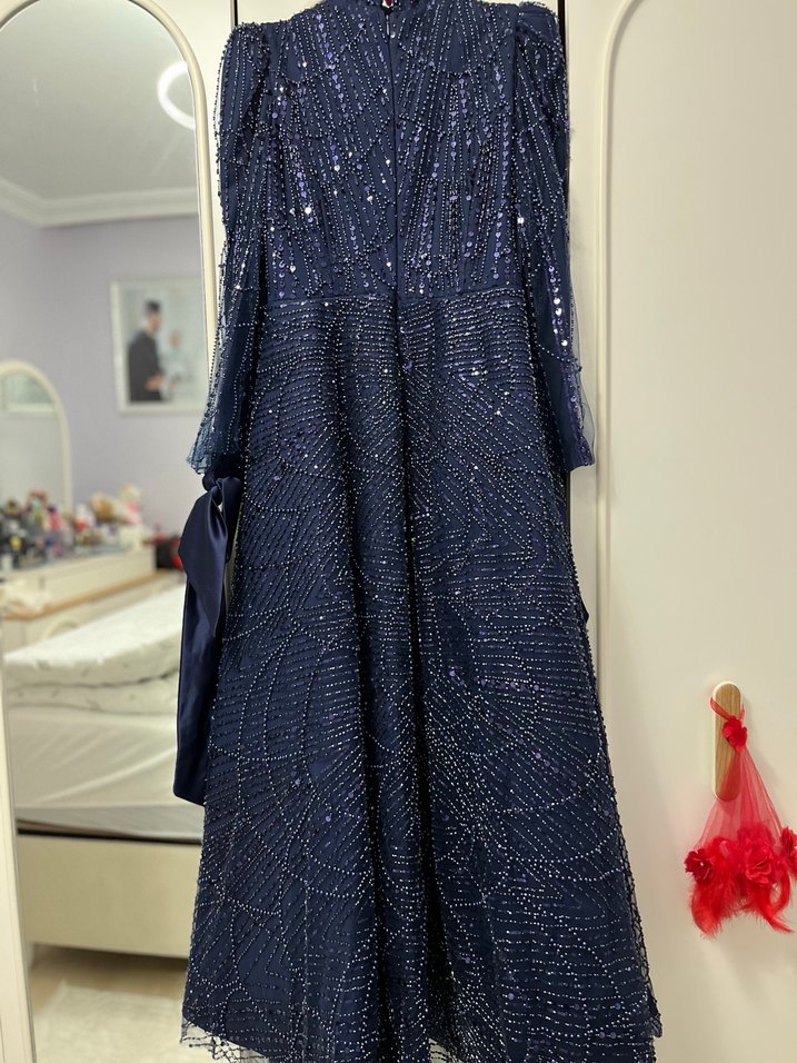 Boncuk İşlemeli Lacivert Uzun Abiye Elbise Nişanlık - Görsel 5