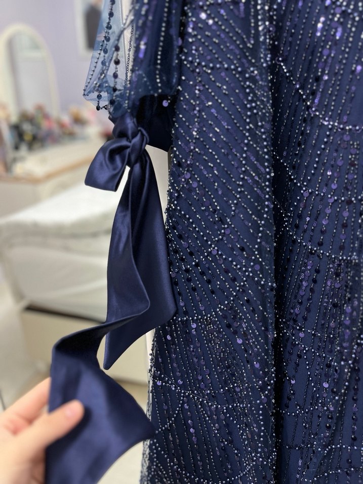 Boncuk İşlemeli Lacivert Uzun Abiye Elbise Nişanlık - Görsel 3