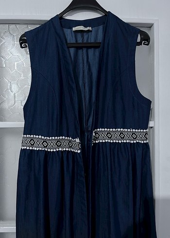 Nakışlı Lacivert Uzun Kot Elbise Yelek - Görsel 2