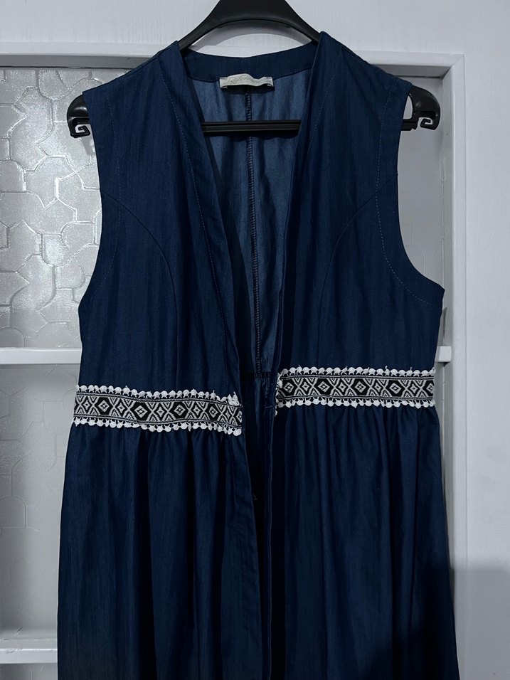 Nakışlı Lacivert Uzun Kot Elbise Yelek - Görsel 2