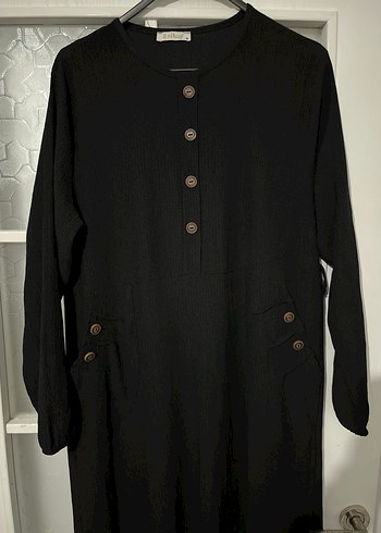 Düğmeli Siyah Uzun Kol Elbise - Görsel 3