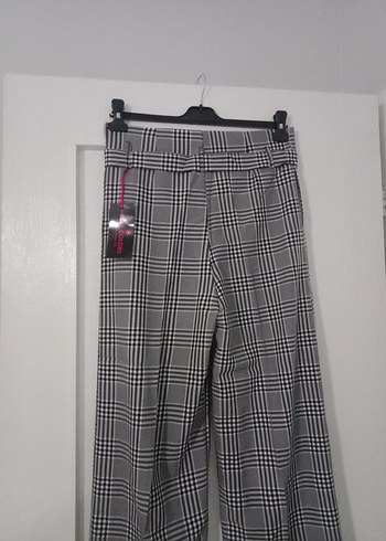 Düğmeli Gri Ekose Kadın Kumaş Pantolon L beden - Görsel 7