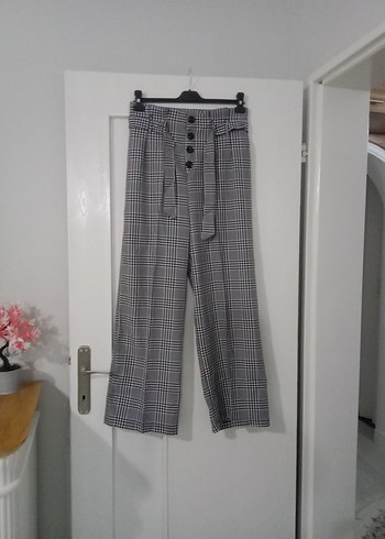 Düğmeli Gri Ekose Kadın Kumaş Pantolon L beden - Görsel 4