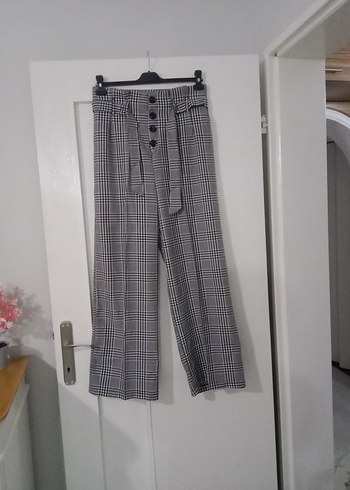 Düğmeli Gri Ekose Kadın Kumaş Pantolon L beden - Görsel 5