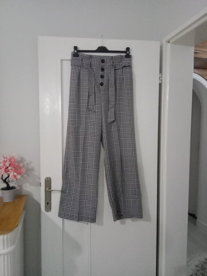 Düğmeli Gri Ekose Kadın Kumaş Pantolon L beden - Görsel 4