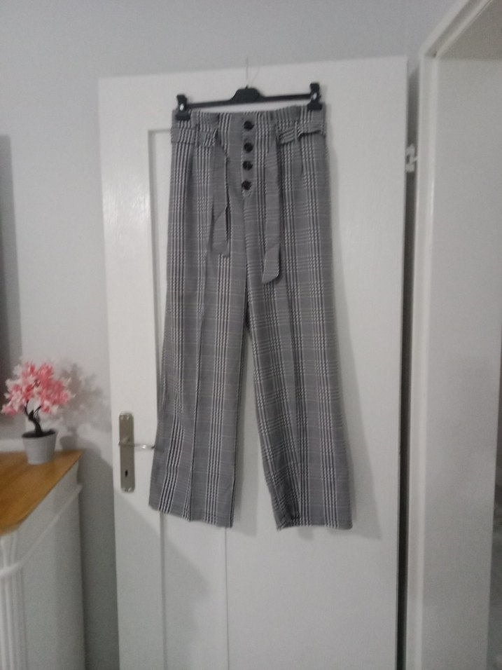 Düğmeli Gri Ekose Kadın Kumaş Pantolon L beden - Görsel 3
