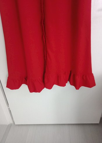 Kırmızı Uzun Keten Elbise Fırfırlı - Görsel 5