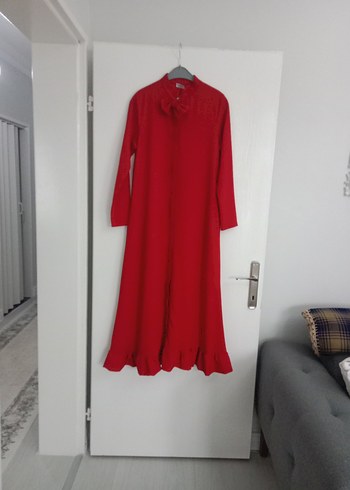 Kırmızı Uzun Keten Elbise Fırfırlı - Görsel 3