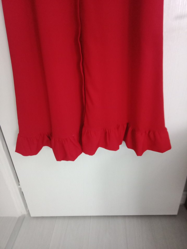 Kırmızı Uzun Keten Elbise Fırfırlı - Görsel 5