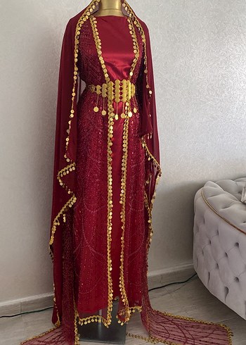 Bordo Uzun Nakışlı Bohem Kadın Kına Elbisesi