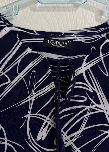 Lacivert Uzun Kol Bağlama Desenli Salaş Elbise - Görsel 2