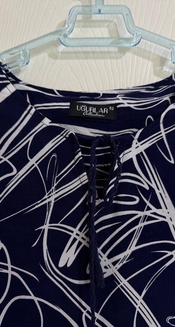 Lacivert Uzun Kol Bağlama Desenli Salaş Elbise - Görsel 2