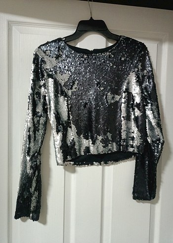 Kadın Gri Payetli Uzun Kollu Bluz - Görsel 2