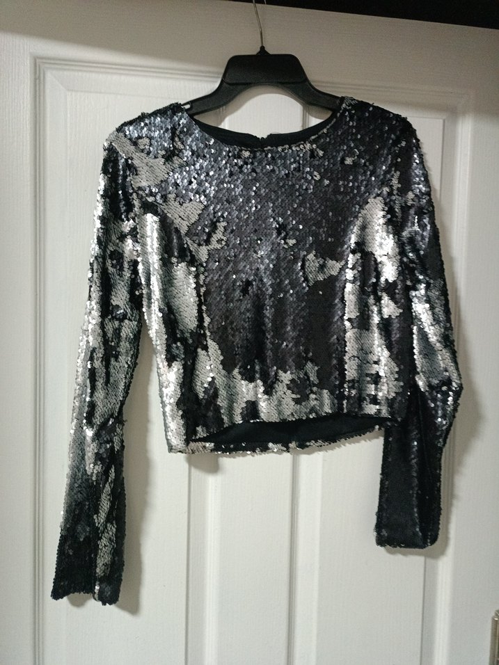 Kadın Gri Payetli Uzun Kollu  Bluz - Görsel 2