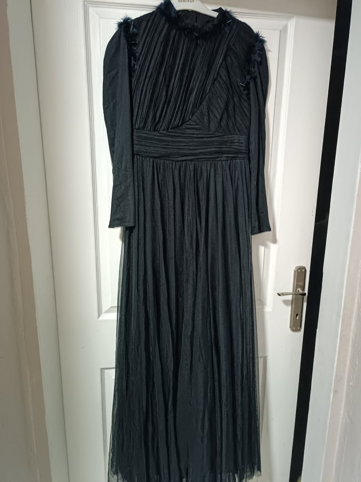 Uzun Siyah Pileli Gotik Kadın Abiye Elbise - Görsel 5