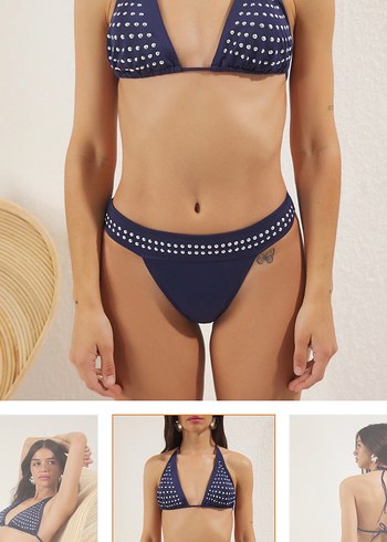 Boncuk İşlemeli Koyu Mavi Mini Bikini takım - Görsel 2