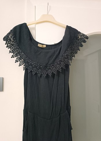 Dantel Detaylı Siyah Uzun Tulum - Görsel 2