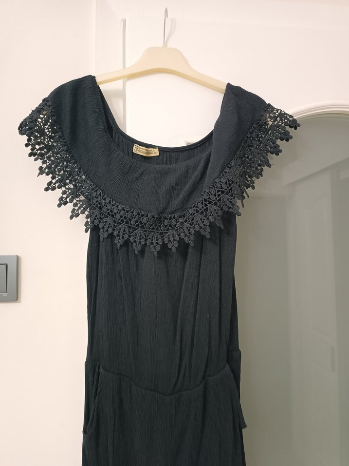 Dantel Detaylı Siyah Uzun Tulum - Görsel 2