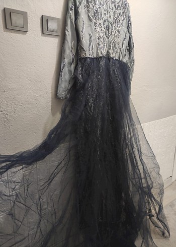 İşlemeli Gri Bohem Uzun Abiye Elbise - Görsel 5