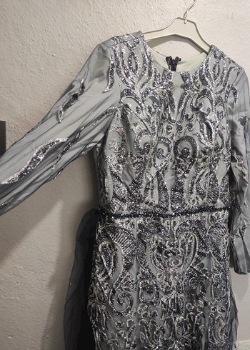 İşlemeli Gri Bohem Uzun Abiye Elbise - Görsel 2