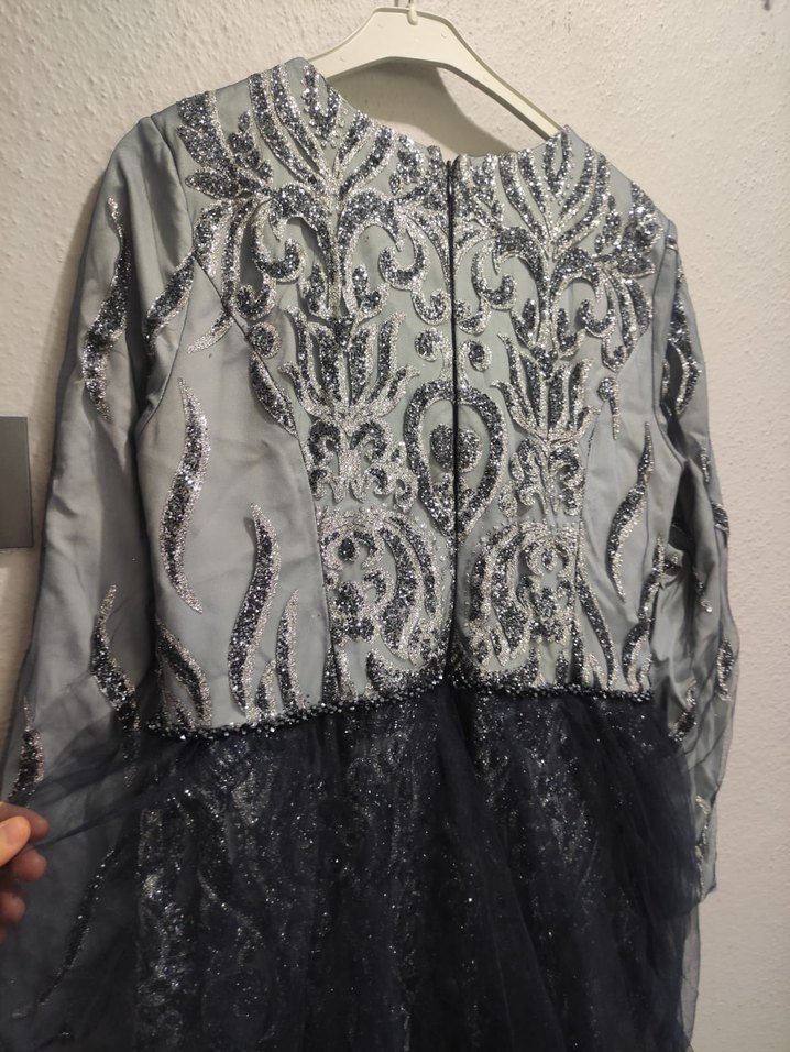 İşlemeli Gri Bohem Uzun Abiye Elbise - Görsel 4