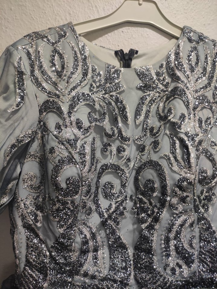 İşlemeli Gri Bohem Uzun Abiye Elbise - Görsel 3