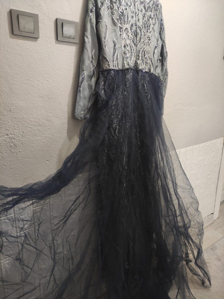 İşlemeli Gri Bohem Uzun Abiye Elbise - Görsel 5