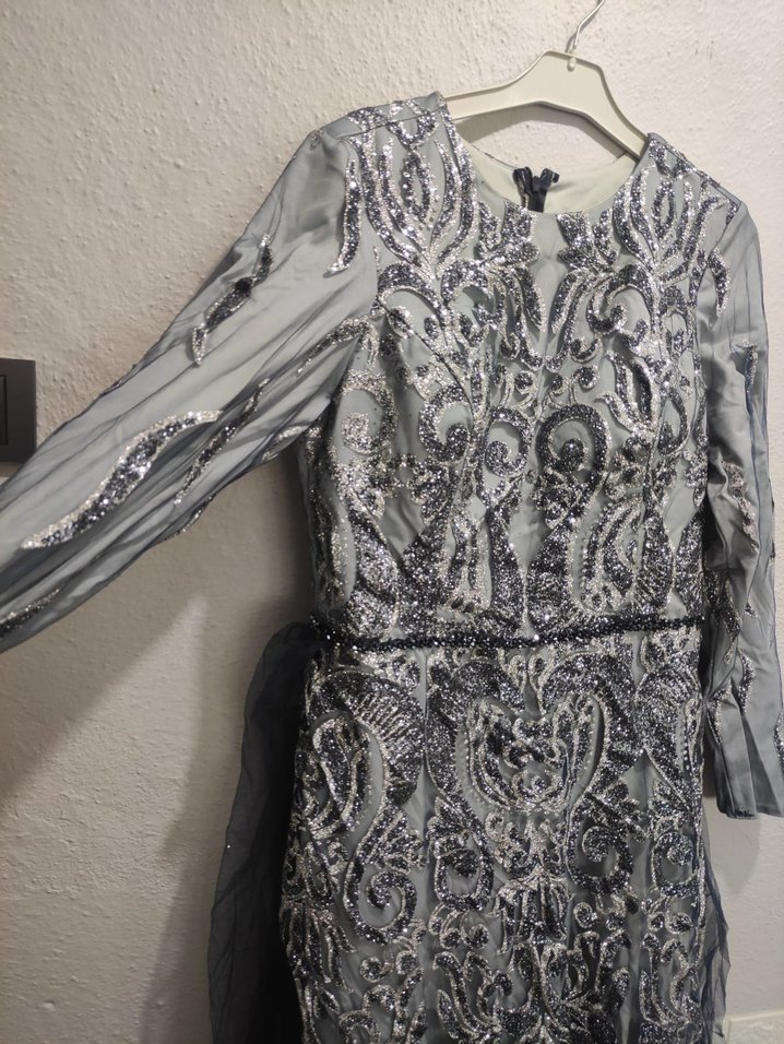 İşlemeli Gri Bohem Uzun Abiye Elbise - Görsel 2