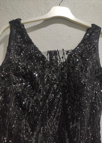 Siyah V Yakalı Uzun Drapeli Kadın Abiye Elbise - Görsel 2