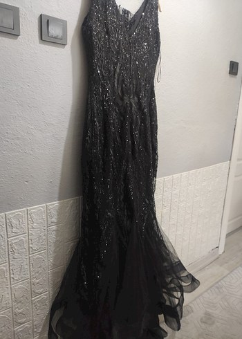 Siyah V Yakalı Uzun Drapeli Kadın Abiye Elbise - Görsel 4