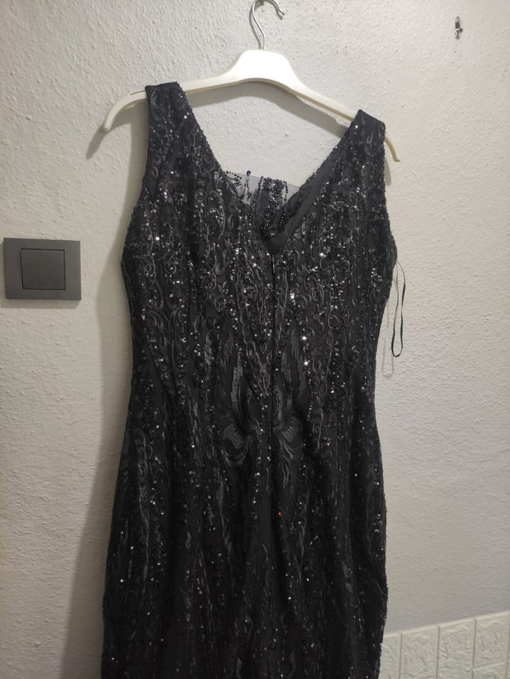 Siyah V Yakalı Uzun Drapeli Kadın Abiye Elbise - Görsel 5