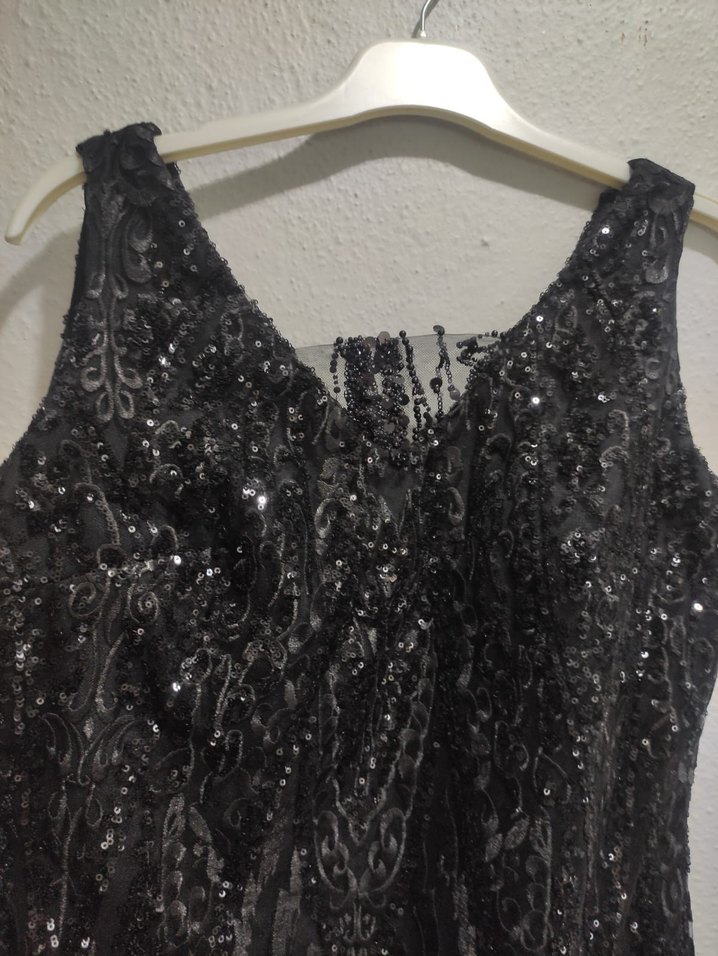 Siyah V Yakalı Uzun Drapeli Kadın Abiye Elbise - Görsel 2