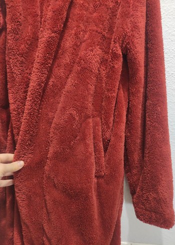 Koyu Kırmızı Peluş Midi Kadın Kaban - Görsel 3