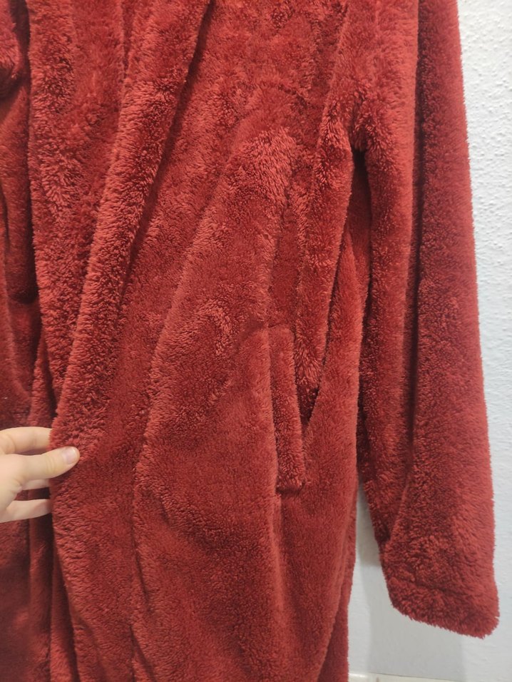 Koyu Kırmızı Peluş Midi Kadın Kaban - Görsel 3
