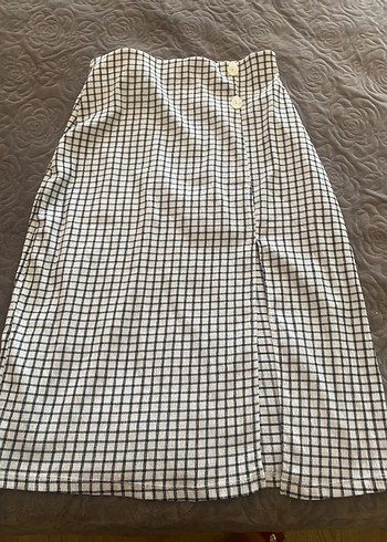 Pileli Kareli Midi  likralı Eteği Gri - Görsel 4