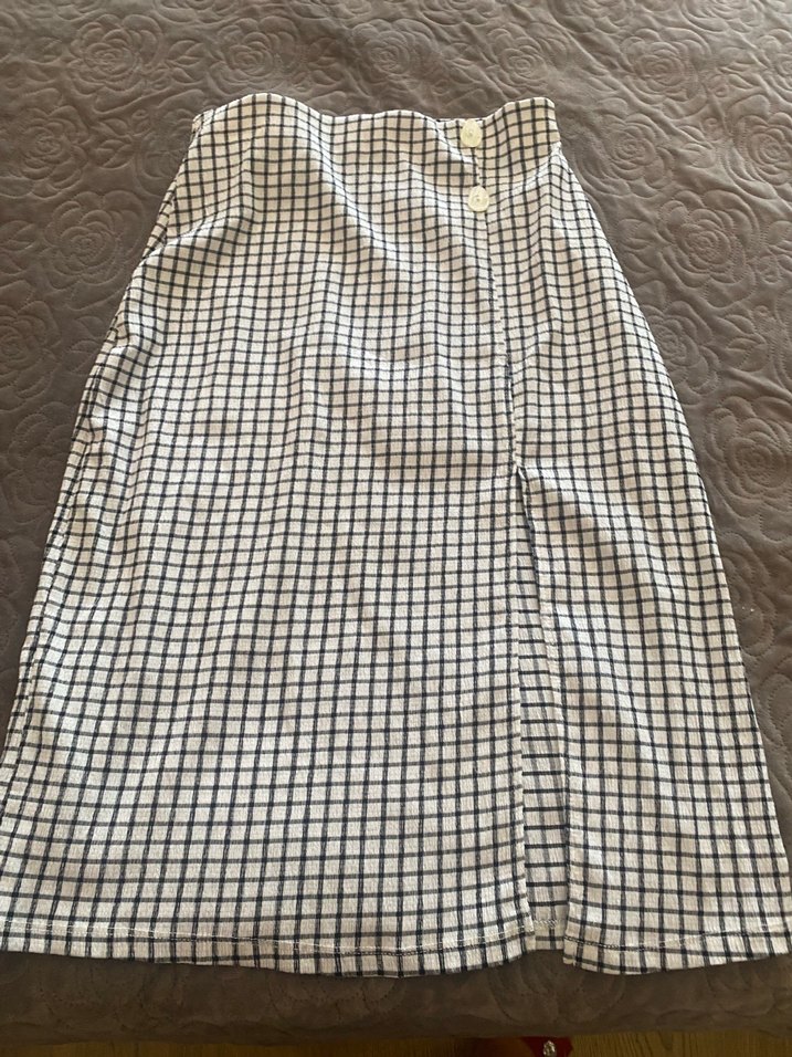 Pileli Kareli Midi  likralı Eteği Gri - Görsel 4