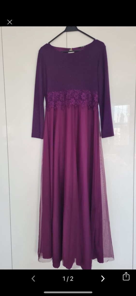 Mor Uzun Kollu Drapeli Kadın Elbise abiye - Görsel 2