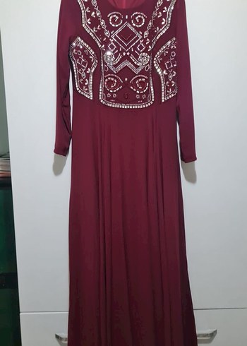Bordo Nakışlı Uzun Kollu Kadın Elbise abiye - Görsel 2