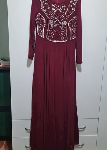 Bordo Nakışlı Uzun Kollu Kadın Elbise abiye - Görsel 3