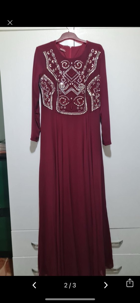 Bordo Nakışlı Uzun Kollu Kadın Elbise abiye - Görsel 2