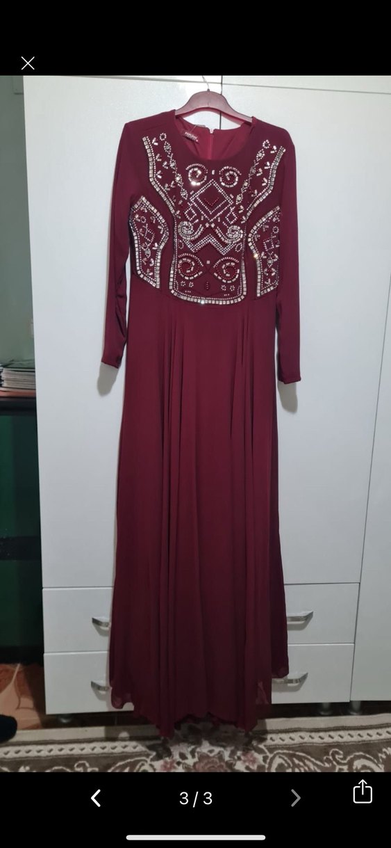 Bordo Nakışlı Uzun Kollu Kadın Elbise abiye - Görsel 3