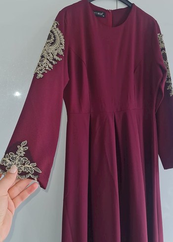 Bordo İşlemeli Uzun Kollu Kadın Elbise abiye - Görsel 2