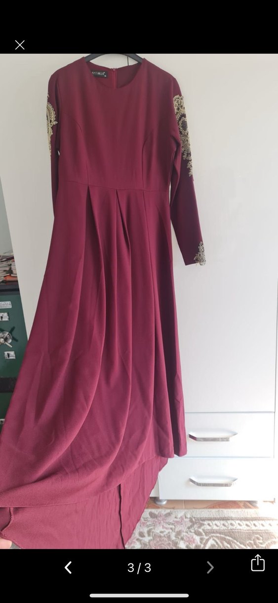 Bordo İşlemeli Uzun Kollu Kadın Elbise abiye - Görsel 3