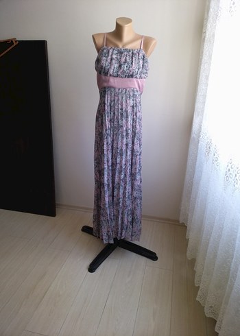 Pembe Bağlamalı Uzun Bohem Elbise