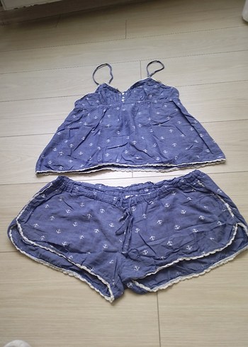 s Beden Kadın Mavi Askılı Mini Pijama Takımı