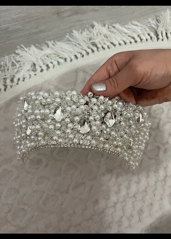 İnci ve Taş İşlemeli Beyaz Gelin Tacı - Görsel 4